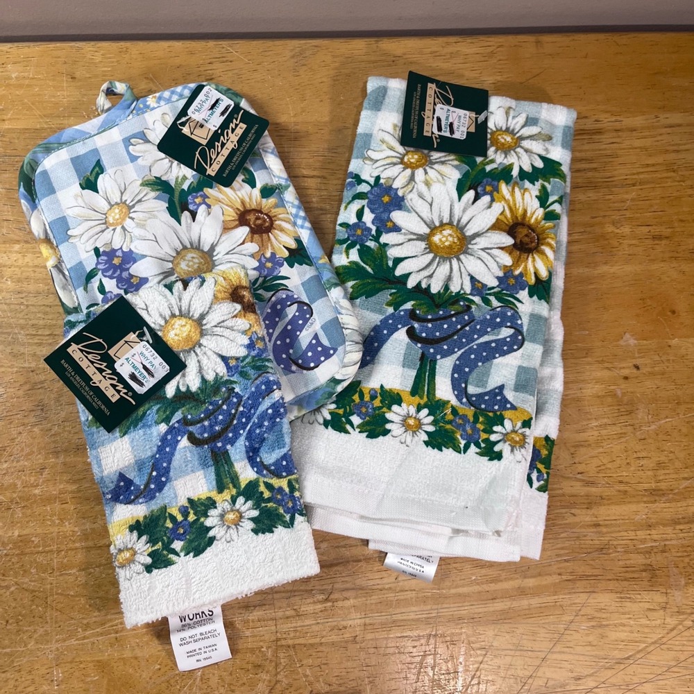 Design Cottage Vtg Kitchen Set Blue White Daisy Gingham Towel Cloth Hot Pad NWT